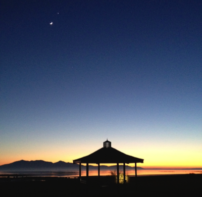  Old ipnoe photo of gazebo at the Seamill Hydro Hotel with the moon and Venus at sunset. 